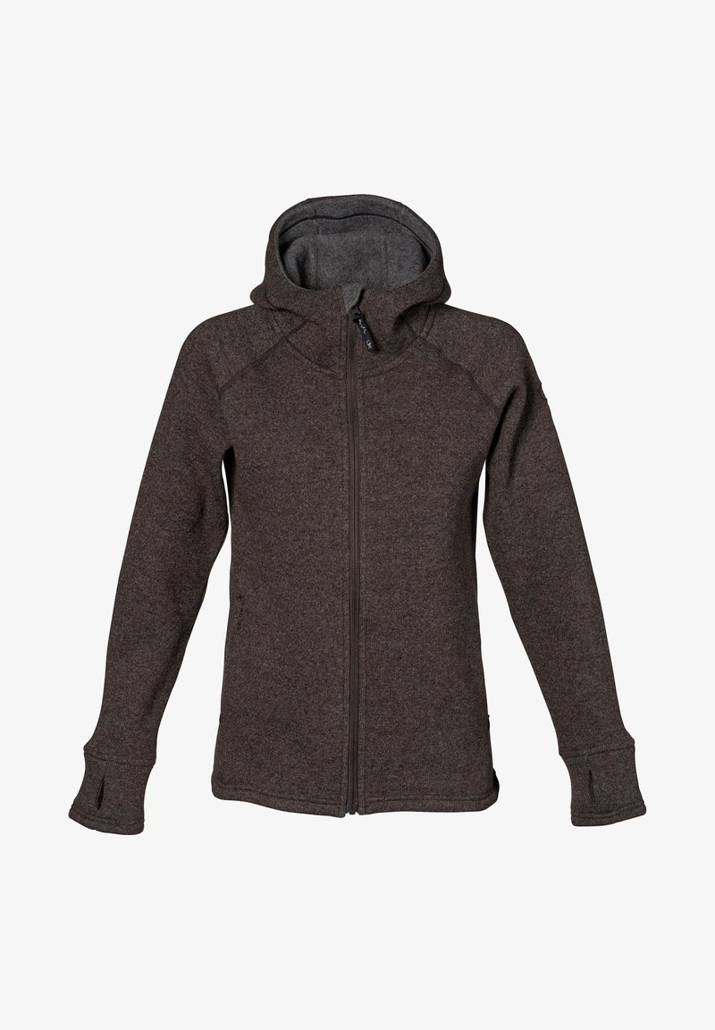 Brun fleece hættetrøje med fuld lynlås foran, raglanærmer og tommelhuller. Har en blød inderside og en hætte med snor.