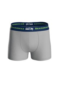 Cajones grises con una cinturilla elástica azul marino que presenta el texto y el logotipo de "SEAHAWKS" en verde. Fabricados con una tela suave y diseño ajustado.