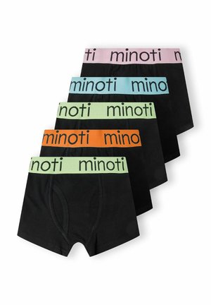 Cinque paia di boxer neri con cinture elastiche in colori pastello a contrasto: rosa, blu, verde, arancione e nero con il testo "minoti".