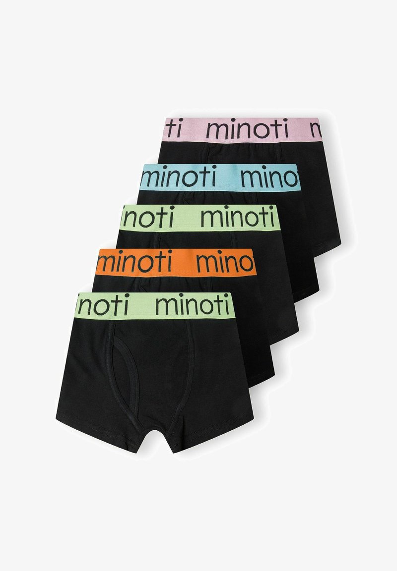 Fem par svarta boxershorts med kontrasterande resårband i pastellfärger: rosa, blå, grön, orange och svart med "minoti"-text.