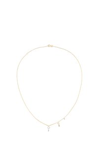 Goldene Kettenhalskette mit zwei Anhängern: einem kleinen silbernen Schlüssel und einem runden Ring. Zartes, dünnes Design mit einem Karabinerverschluss.