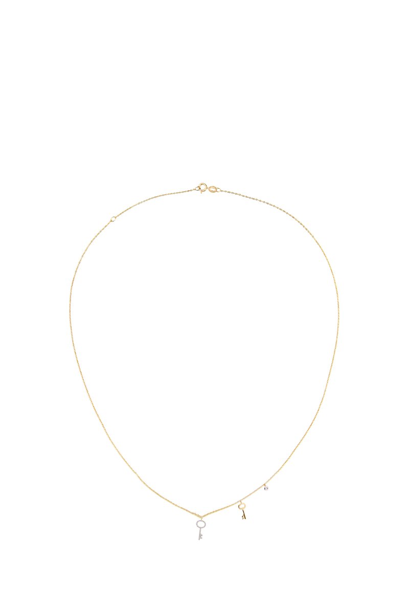 Goldene Kettenhalskette mit zwei Anhängern: einem kleinen silbernen Schlüssel und einem runden Ring. Zartes, dünnes Design mit einem Karabinerverschluss.