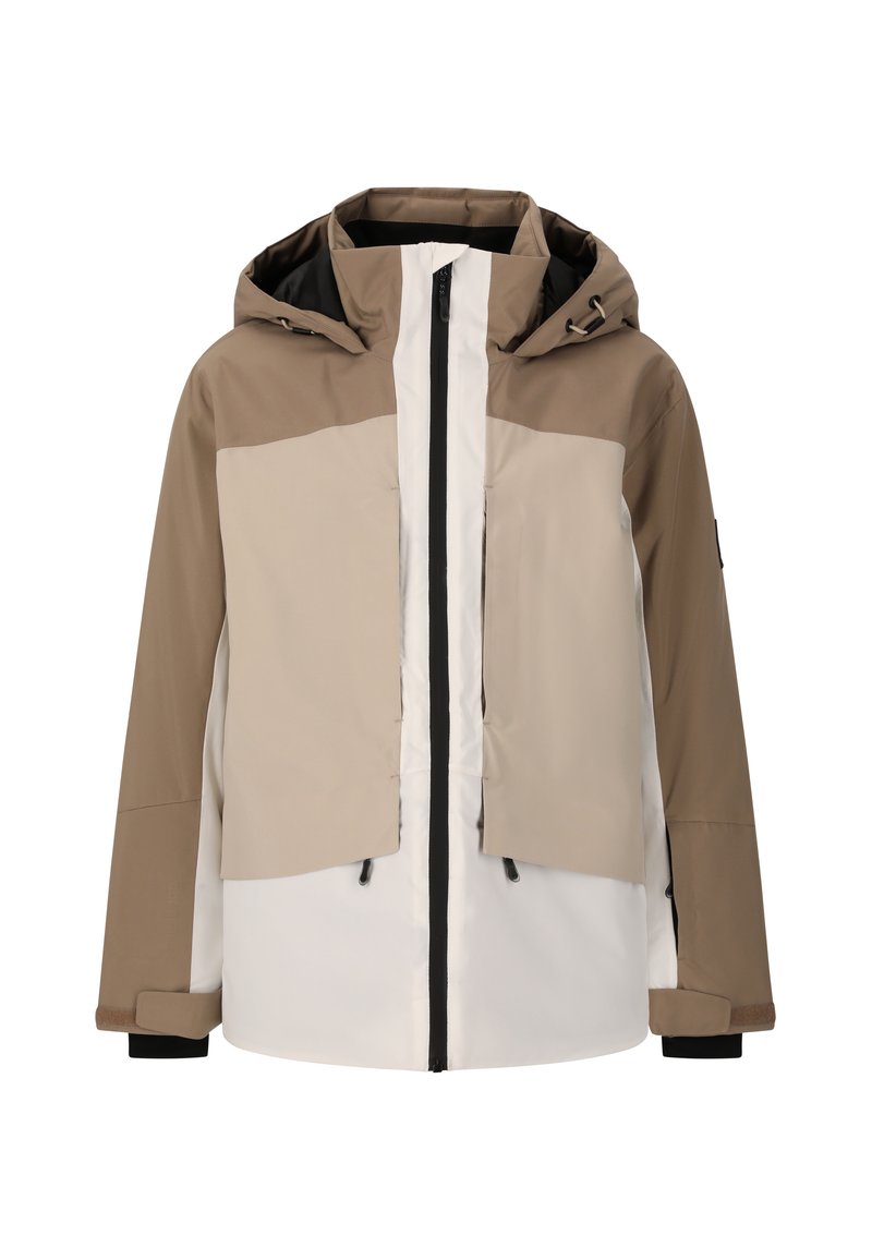 Farveblokkeret jakke i beige og hvid med hætte, frontlynlås og elastiske manchetter. Fremstillet af et glat, let materiale.