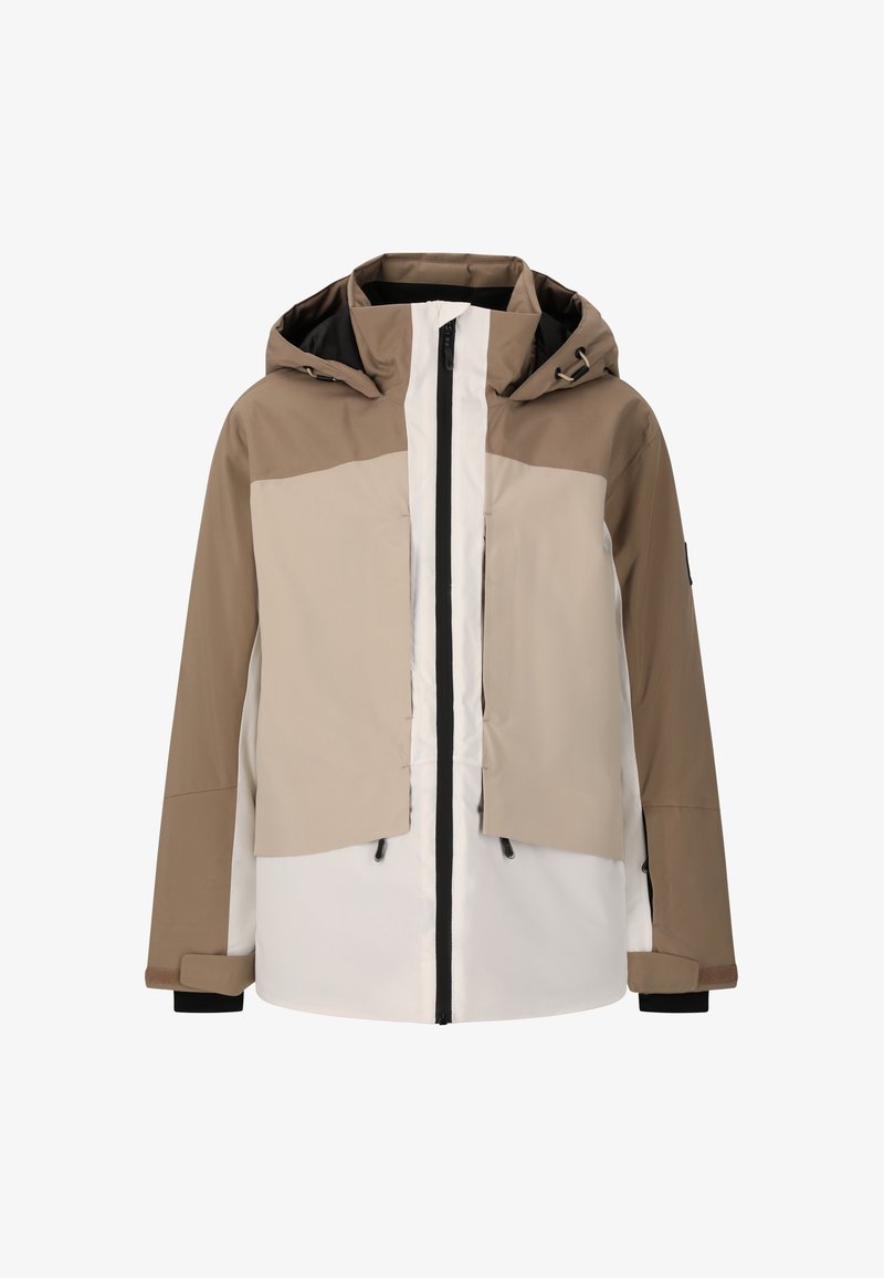 Väriblokkera jacket i beige och vit, med huva, frontdragkedja och elastiska manschetter. Tillverkad av ett glatt, lätt material.