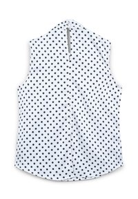 Blusa bianca senza maniche con pois neri, dotata di un colletto rotondo, chiusura centrale con bottoni sul retro e orlo curvo.