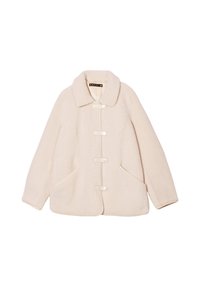 Giacca in shearling crema con ampio colletto, chiusura frontale a bottoni e tasche laterali. Presenta una texture morbida e una vestibilità rilassata.