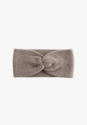Knit headband in light brown, featuring a twisted knot design at the front, soft texture, and stretchy material for comfort.
