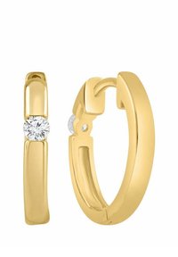 Pendientes de aro de oro con acabado pulido, que presentan una gema clara y redonda incrustada en un acento de diseño rectangular.