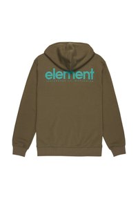 Felpa verde oliva con un grande grafico turchese "element" sul retro, con il testo "SKATEBOARD CO. WORLDWIDE" sotto.