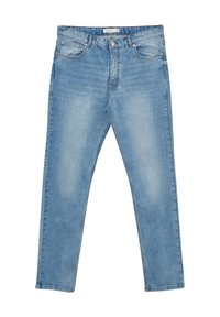 Jeans in denim azzurro chiaro con taglio dritto. Caratteristiche includono chiusura con button-fly, cinque tasche e dettagli sbiaditi delicati.