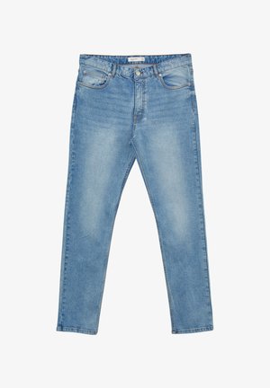 Jeans in denim azzurro chiaro con taglio dritto. Caratteristiche includono chiusura con button-fly, cinque tasche e dettagli sbiaditi delicati.