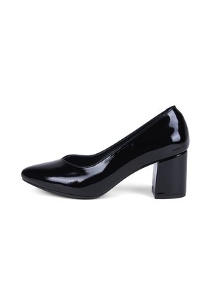 Escarpin femme en cuir verni noir avec bout rond et talon épais mi-hauteur, présenté en profil sur fond blanc.