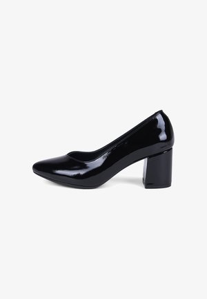 Escarpin femme en cuir verni noir avec bout rond et talon épais mi-hauteur, présenté en profil sur fond blanc.