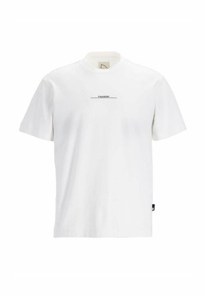 T-shirt en coton blanc avec un col rond, des manches courtes, et un texte graphique horizontal noir "CHASIN'" sur le devant. Design simple, sans motifs.