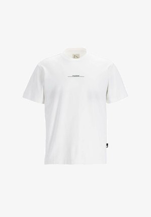 T-shirt bianco in cotone con scollo rotondo, maniche corte e una scritta grafica orizzontale nera "CHASIN'" sul davanti. Design semplice, senza motivi.