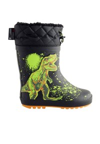 Stivale impermeabile in gomma nero con parte superiore strutturata, decorato con grafica di un dinosauro verde e motivo a schizzi. Fodera trapuntata nera e suola arancione.