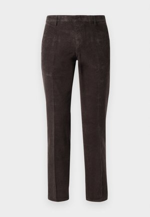 Donkerbruine corduroy broek met een recht gesneden ontwerp, voorzien van een gladde textuur en een standaard tailleband. Geen zichtbare patronen of hardware-details.