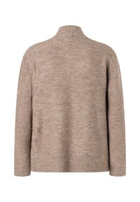 Beige Pullover mit hohem Kragen, langen Ärmeln und geripptem Saum. Aus einem weichen, strukturierten Strickstoff gefertigt. Rückansicht gezeigt.