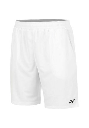 Pantaloncini sportivi con vita elastica bianca, tasche laterali e un piccolo logo nero vicino all'orlo inferiore sulla gamba sinistra.