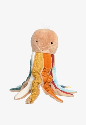 Plush octopus toy with a tan head, colorful textured tentacles in orange, teal, and patterned fabrics. Features stitched facial details.