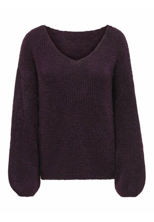 Pull tricoté violet foncé avec un col en V profond et des manches longues et amples, montrant un tissu épais et texturé ainsi qu'une coupe décontractée.