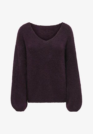 Pull tricoté violet foncé avec un col en V profond et des manches longues et amples, montrant un tissu épais et texturé ainsi qu'une coupe décontractée.