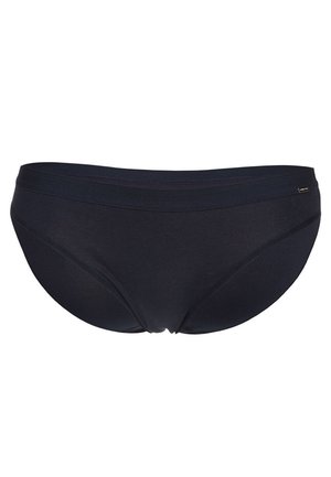Donker marineblauwe katoenen slip met een gladde textuur, elastische tailleband en minimale branding op de zijkant. Standaard snit en ontwerp.