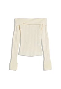 Off-the-shoulder ribbed top in cream. Features long sleeves with snug cuffs. Smooth texture and fitted design with a subtle crossover neckline.