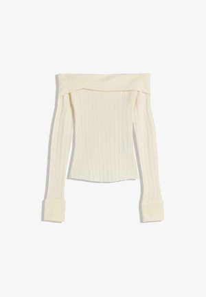 Top din material ribbed, cu umerii descoperiți, de culoare crem. Dispune de mâneci lungi cu tivuri strânse. Textură netedă și design ajustat, cu un decolteu ușor încrucișat.