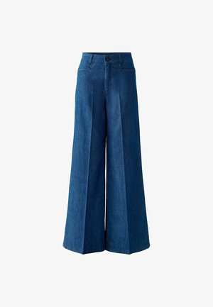 Weite Denim-Hosen in Dunkelblau, mit hoher Taille, vorderen Taschen und einer subtilen Textur, aus robustem Baumwollmaterial gefertigt.