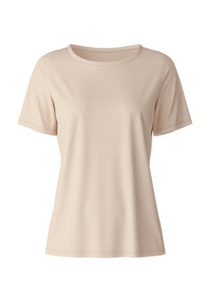 Beige kurzärmliges T-Shirt aus glattem Stoff, mit klassischem Rundhalsausschnitt und gerader Passform, mit minimalen Nähdetails.