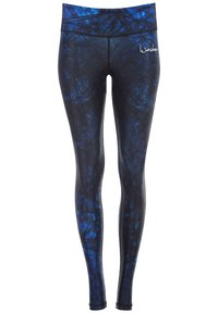 Leggings blu navy con un motivo geometrico testurizzato. Realizzati in tessuto elasticizzato, presentano una cintura alta e un piccolo logo sull'anca.