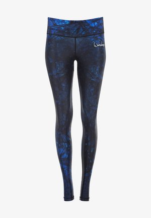 Navy blue leggings with a textured, geometric pattern. Made of stretchy fabric, featuring a wide waistband and a small logo on the hip.
