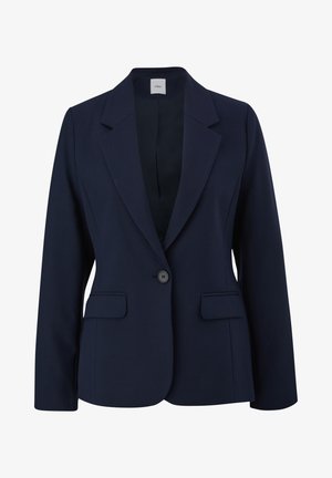 Navyblauwe blazer van gladde stof, met een enkele knoopsluiting, met notched revers en twee heeftjes aan de voorkant. Eenvoudig, gestructureerd ontwerp.