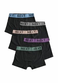 Svarta bomullboxershorts med elastiska midjeband i olika färger: blå, grå, rosa och grön, med "NEXT"-logotyp.