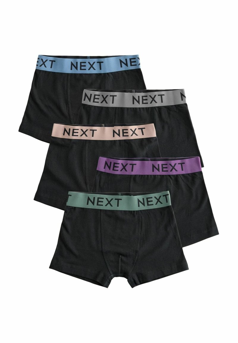 Svarta bomullboxershorts med elastiska midjeband i olika färger: blå, grå, rosa och grön, med "NEXT"-logotyp.