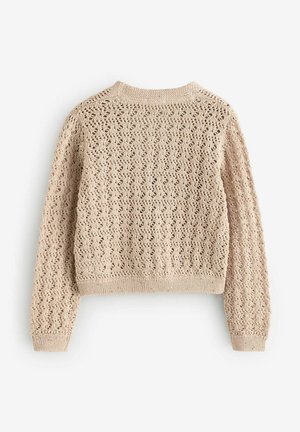 Stickad beige tröja med ett spetsmönster, rundad halsringning och ribbad nederkant och ärmar. Textiler med struktur skapar en öppen, luftig design.