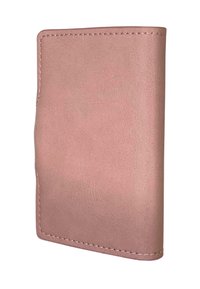 Portofel roz din piele cu o textură netedă, formă rectangulară și cusături vizibile pe margini. Fără embellishments sau modele suplimentare.