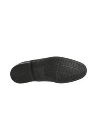 Semelle de chaussure habillée en cuir noir avec motif de crêpe en caoutchouc texturé et logo de la marque sur un fond blanc.