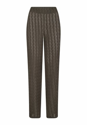 Ľahké hnedé tkané nohavice s vlnitým vzorom, rovný strih a elastický pás. Tkanina má semi-priehľadný vzhľad a textúrovaný povrch.