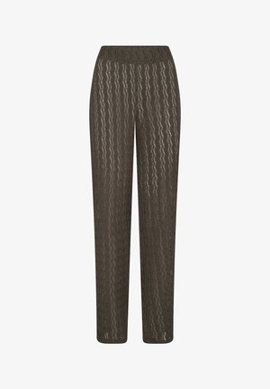 Ľahké hnedé tkané nohavice s vlnitým vzorom, rovný strih a elastický pás. Tkanina má semi-priehľadný vzhľad a textúrovaný povrch.