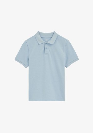 Világoskék, rövid ujjú galléros póló két gombbal és egy kis hímzett logóval a bal mellrészen.