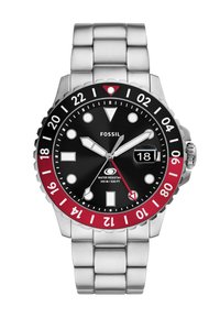 Montre en acier inoxydable avec un cadran noir, une lunette rouge, des accents argentés, de grands index horaires, une fenêtre de date et des caractéristiques de résistance à l'eau avec un revêtement en caoutchouc.