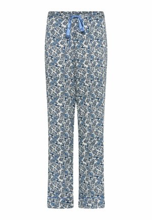 Sinisen ja valkoisen kuvioiset pijama housut, joissa on naru vyötäröllä, kukkakuosiset ja hieman elastiset nilkkakappaleet.