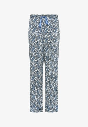 Sinisen ja valkoisen kuvioiset pijama housut, joissa on naru vyötäröllä, kukkakuosiset ja hieman elastiset nilkkakappaleet.