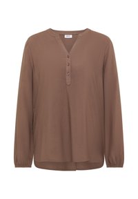 Hnědá blůza s dlouhým rukávem a výstřihem do V, s légou na tři knoflíky. Vyrobena z hladkého materiálu, s volným střihem a mírně zakřiveným lemem.
