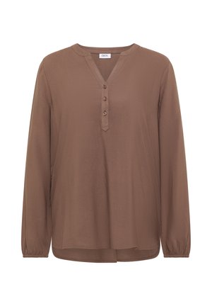 Bruine blouse met lange mouwen, een V-hals en een drie-knopen knoopsluiting. Gemaakt van een soepele stof met een relaxte pasvorm en een lichtgebogen zoom.