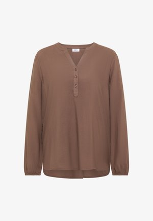Braune Bluse mit langen Ärmeln, V-Ausschnitt und einer Drei-Knopf-Leiste. Hergestellt aus einem glatten Stoff mit einer lockeren Passform und leicht abgerundetem Saum.