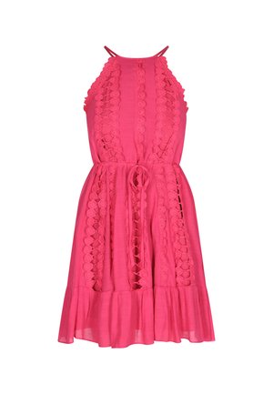 Rotes Halterkleid mit Spitzenverzierungen und ausgestelltem Saum. Verfügt über verstellbare Träger und einen Bindegürtel für eine figurbetonte Silhouette.