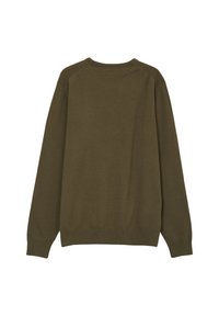 Olivegrüner Strickpullover mit langen Ärmeln, gerippten Bündchen, Saum und Rundhalsausschnitt, von hinten auf weißem Hintergrund gezeigt.